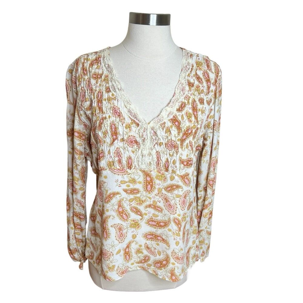 3/$30 ALC At Last Classics Blouse Womens Medium Paisley Lace V Neck Tie Sleeve